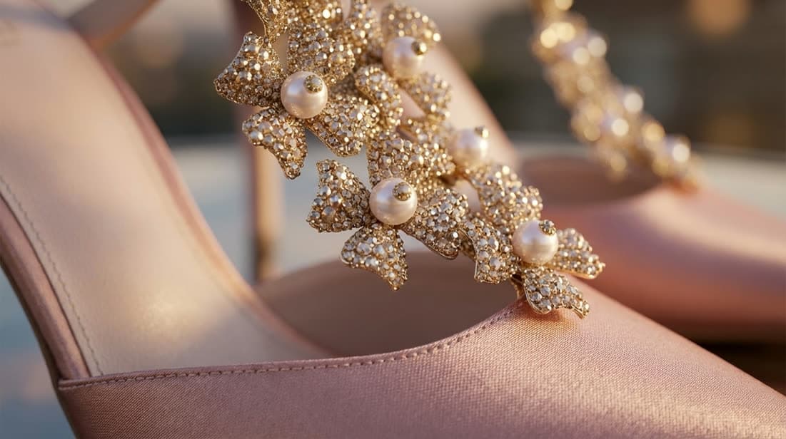 Macro of pearl and crystal embellishment on satin
