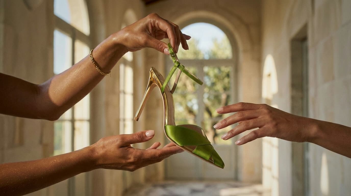 A heel passed between two hands beneath an arch