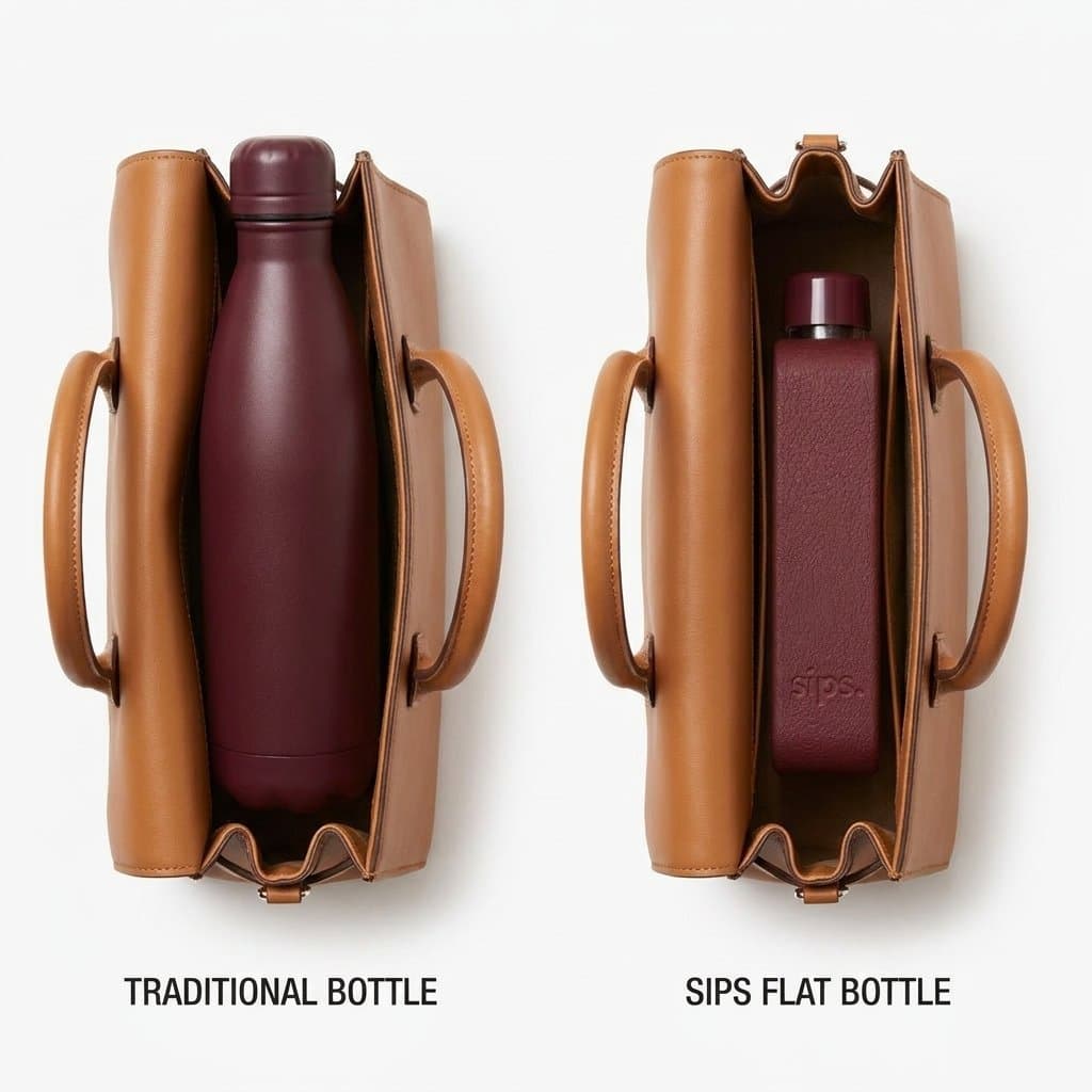 The flat bottle in a handbag beside a traditional bottle