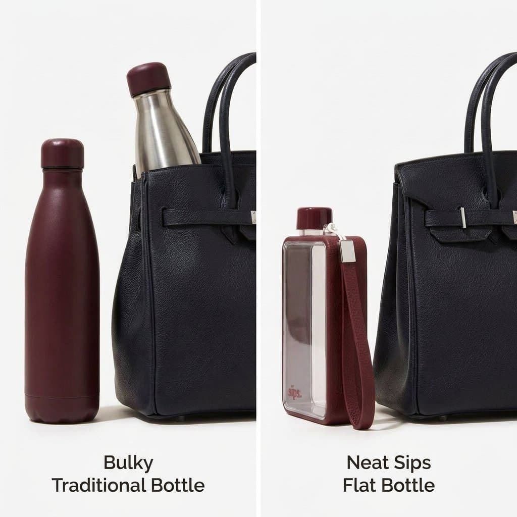 A bulky traditional bottle beside the neat Sips flat bottle