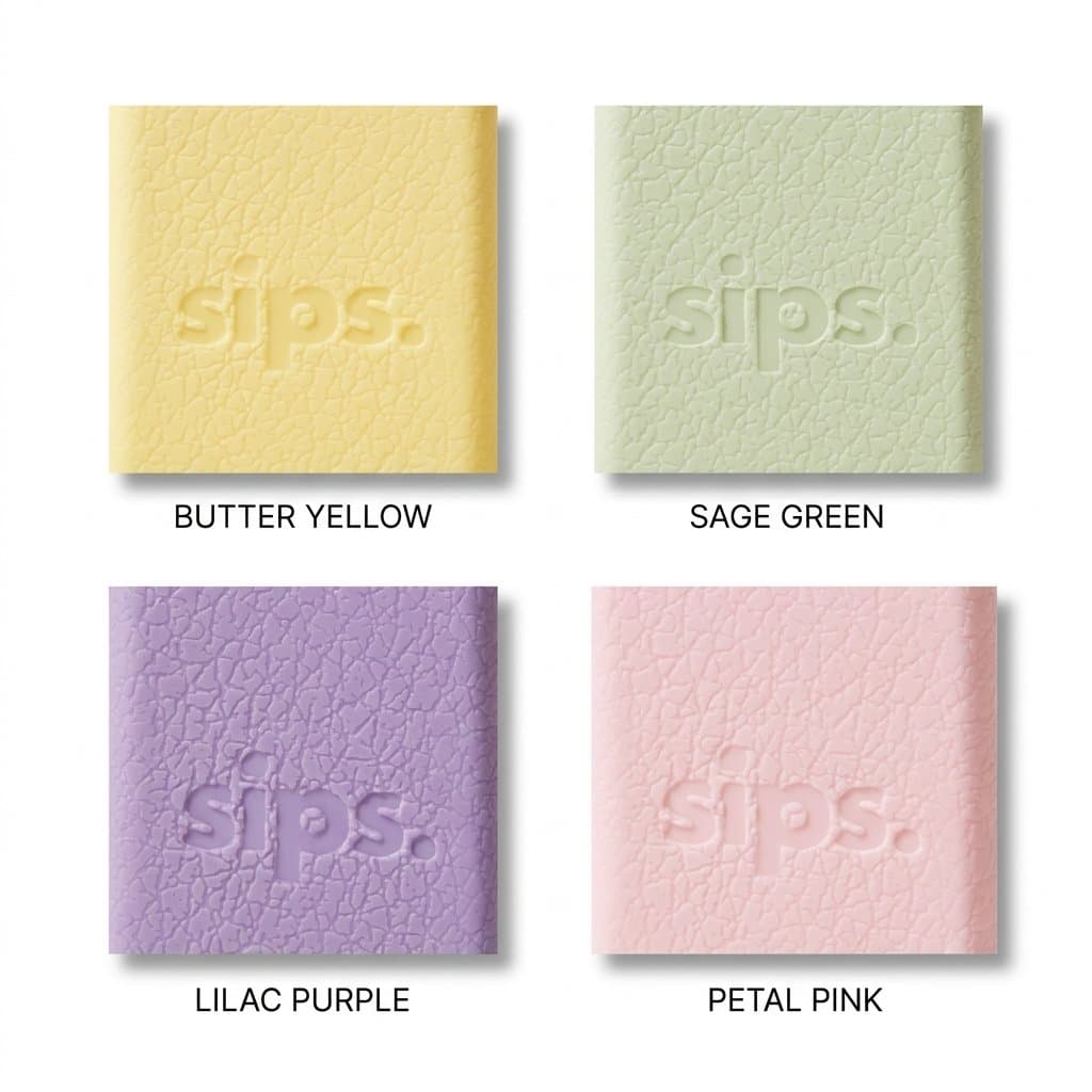 Colour swatches: butter yellow, sage green, lilac purple, petal pink