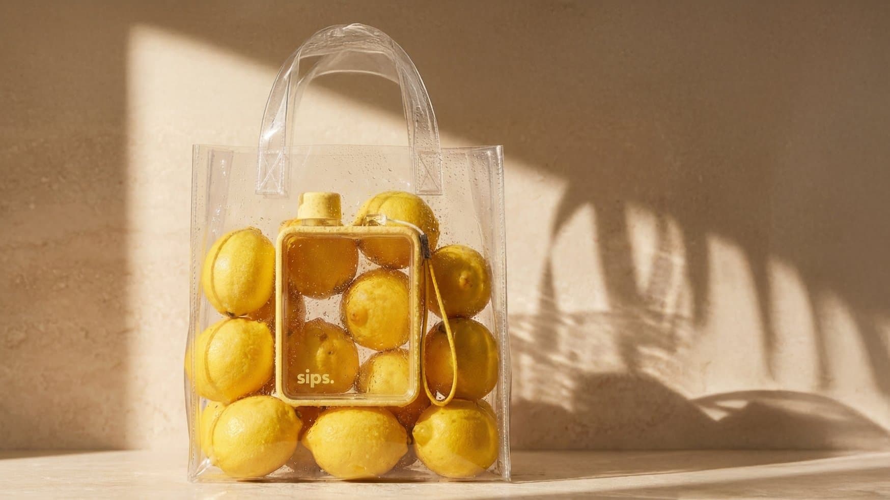 Lemons in the clear bag on a stone floor, wide
