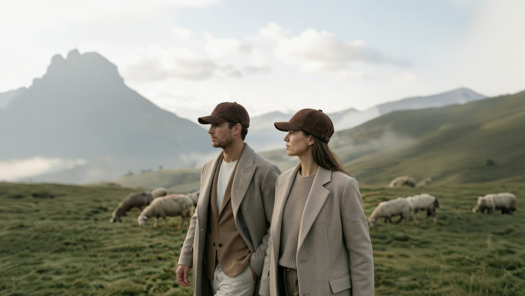 Two figures in suede caps and wool coats among sheep on a mountainside