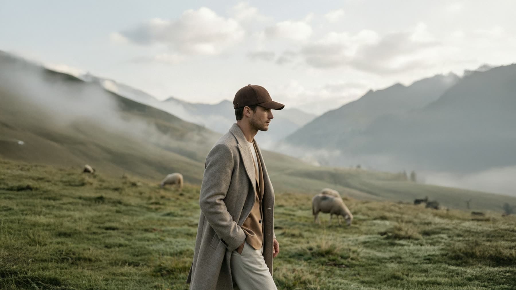 A figure in a suede cap walking a misty alpine meadow