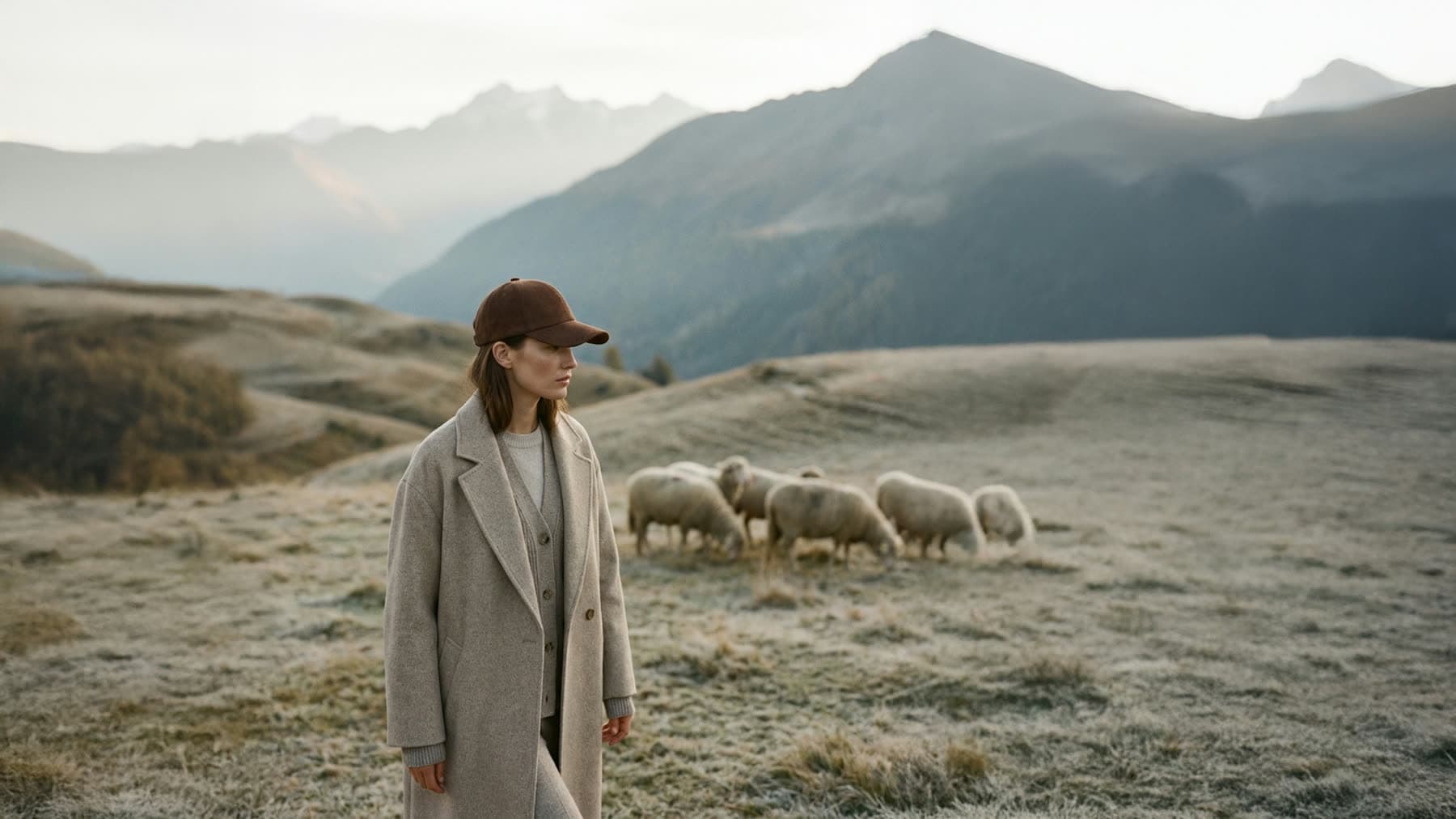 A woman in a wool coat with sheep on frosted grass