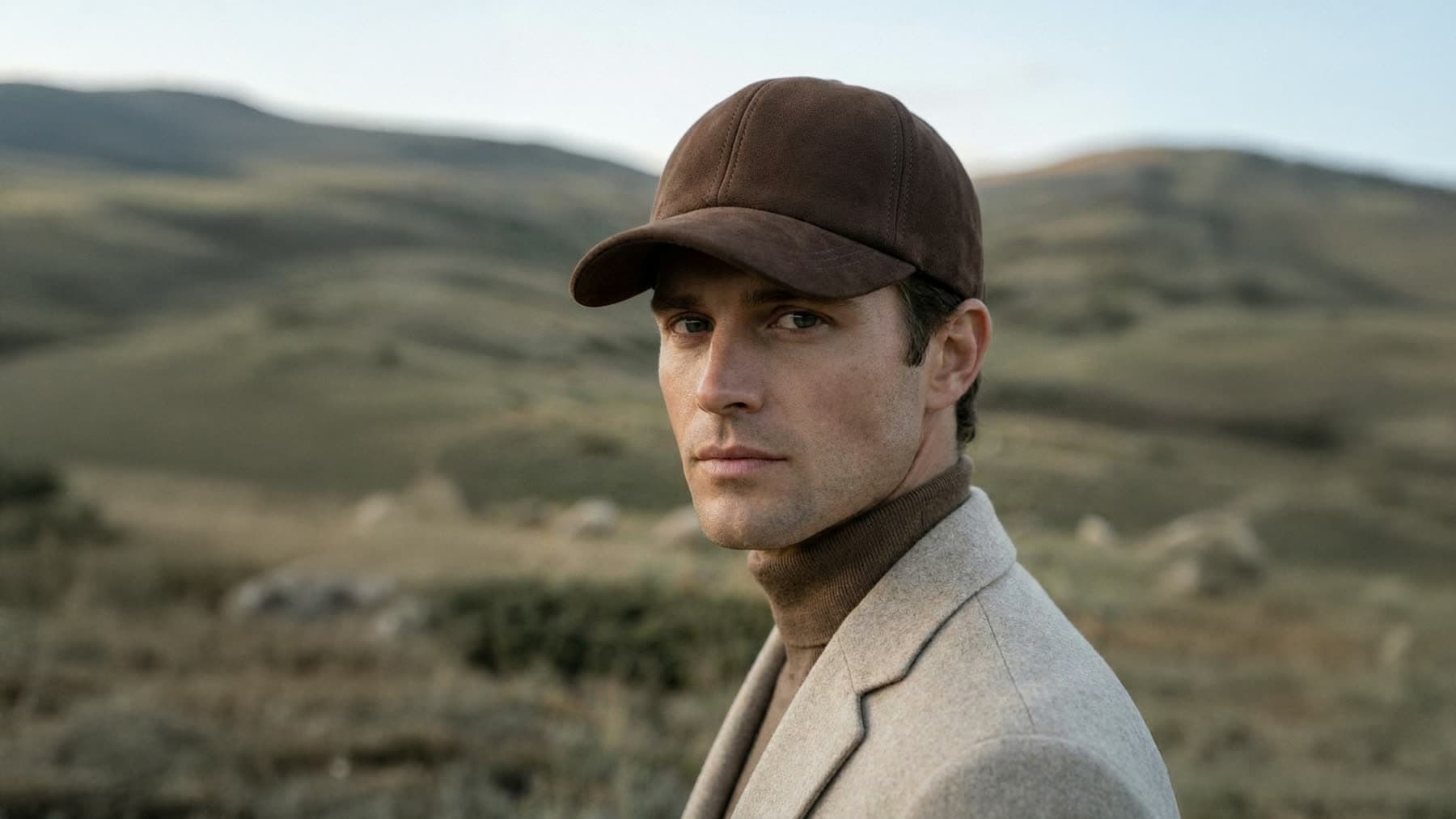 A man in a suede cap, close, hills behind