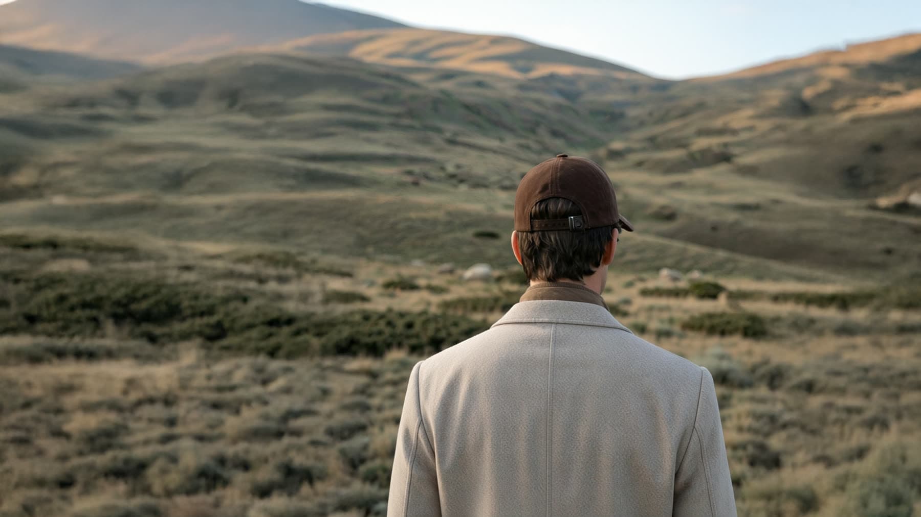 A figure from behind, looking out across the hills