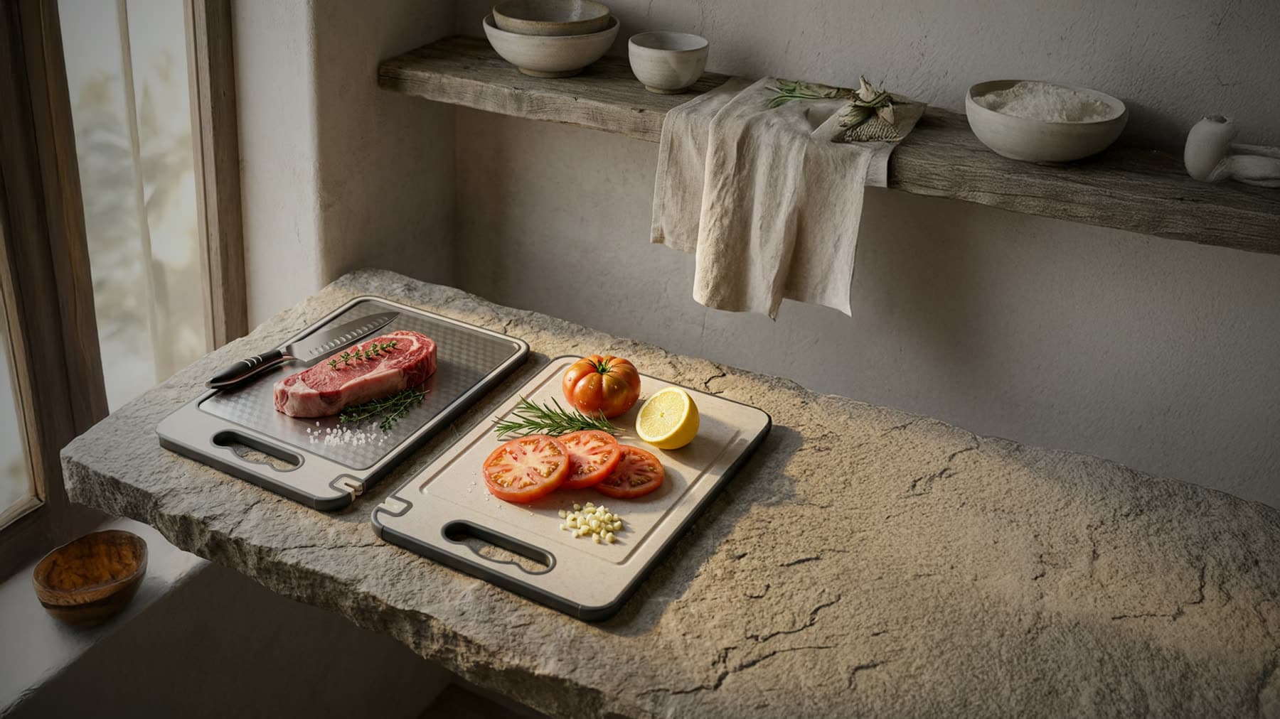 Two steel boards laid with steak and vegetables on a stone counter