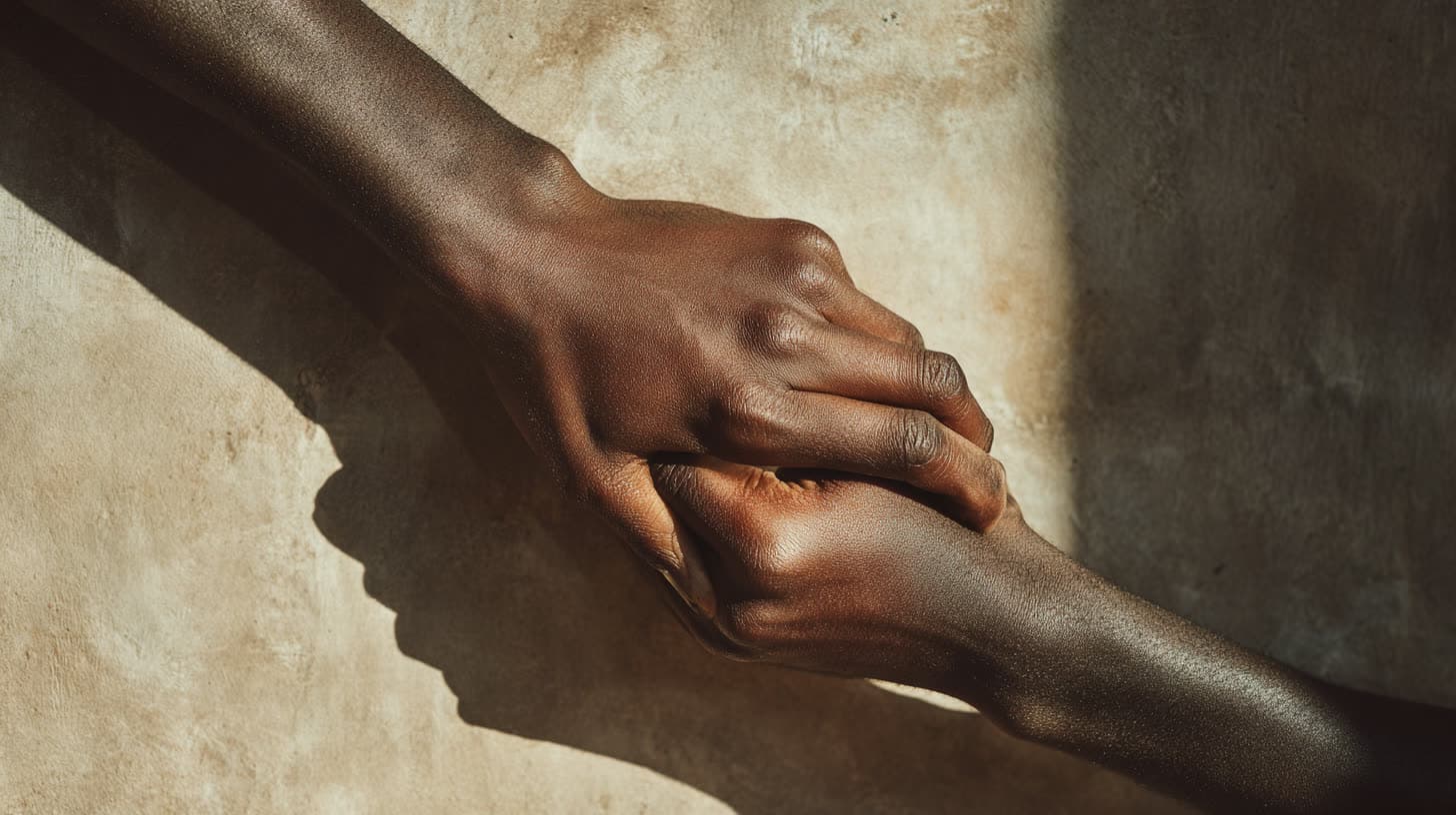 Two hands clasped on travertine in low sun