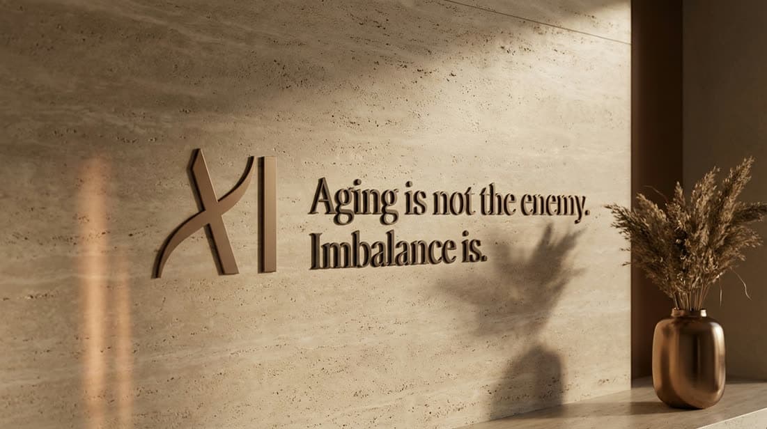 A travertine wall reading: Aging is not the enemy. Imbalance is.
