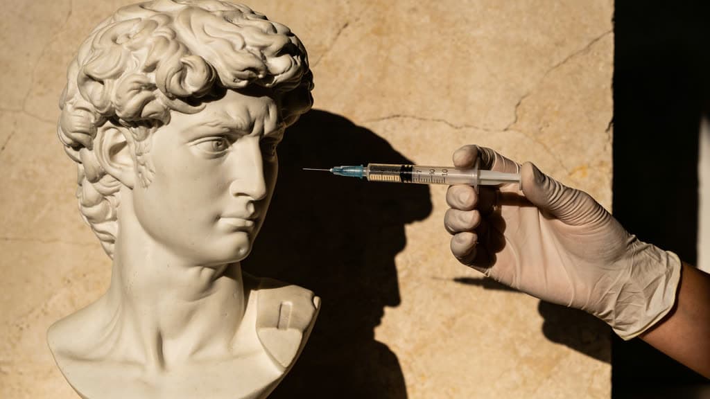 A gloved hand raising a syringe to a classical bust