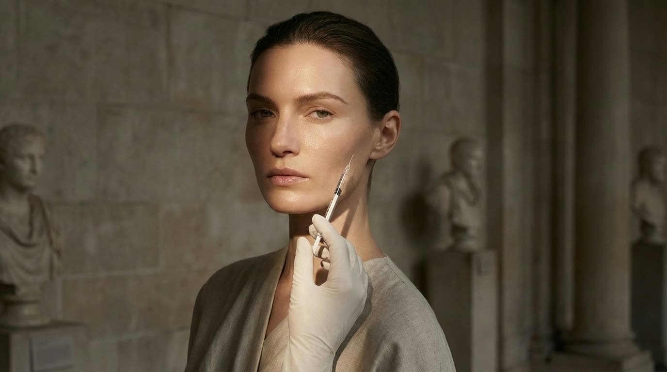 A woman in a white coat holding a syringe, among classical busts
