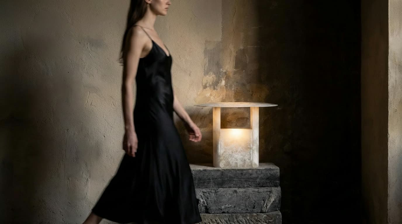 A woman in a black slip dress passing a stone lamp in a plaster room