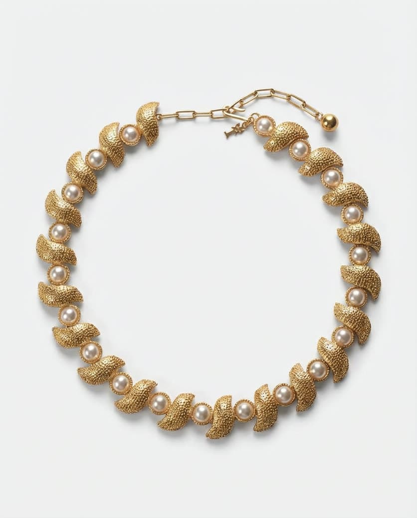 A gold and pearl necklace on white