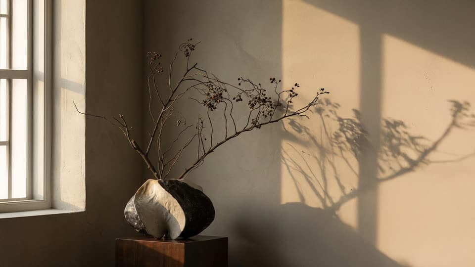A branch in a stone vessel casting a shadow across a wall