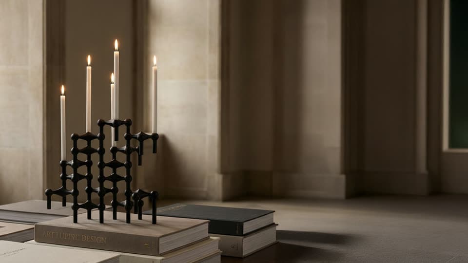 Black modular candle holders on stacked books