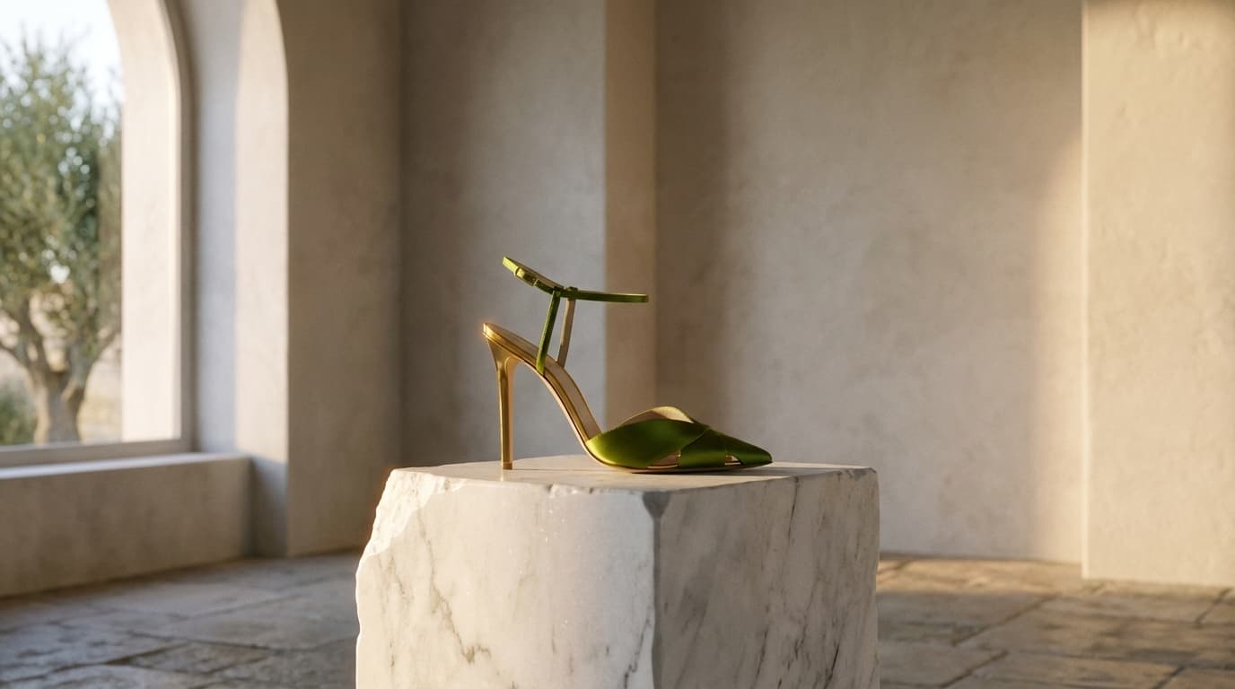 A green satin heel at rest on a raw Carrara marble block in a sunlit limewash loggia