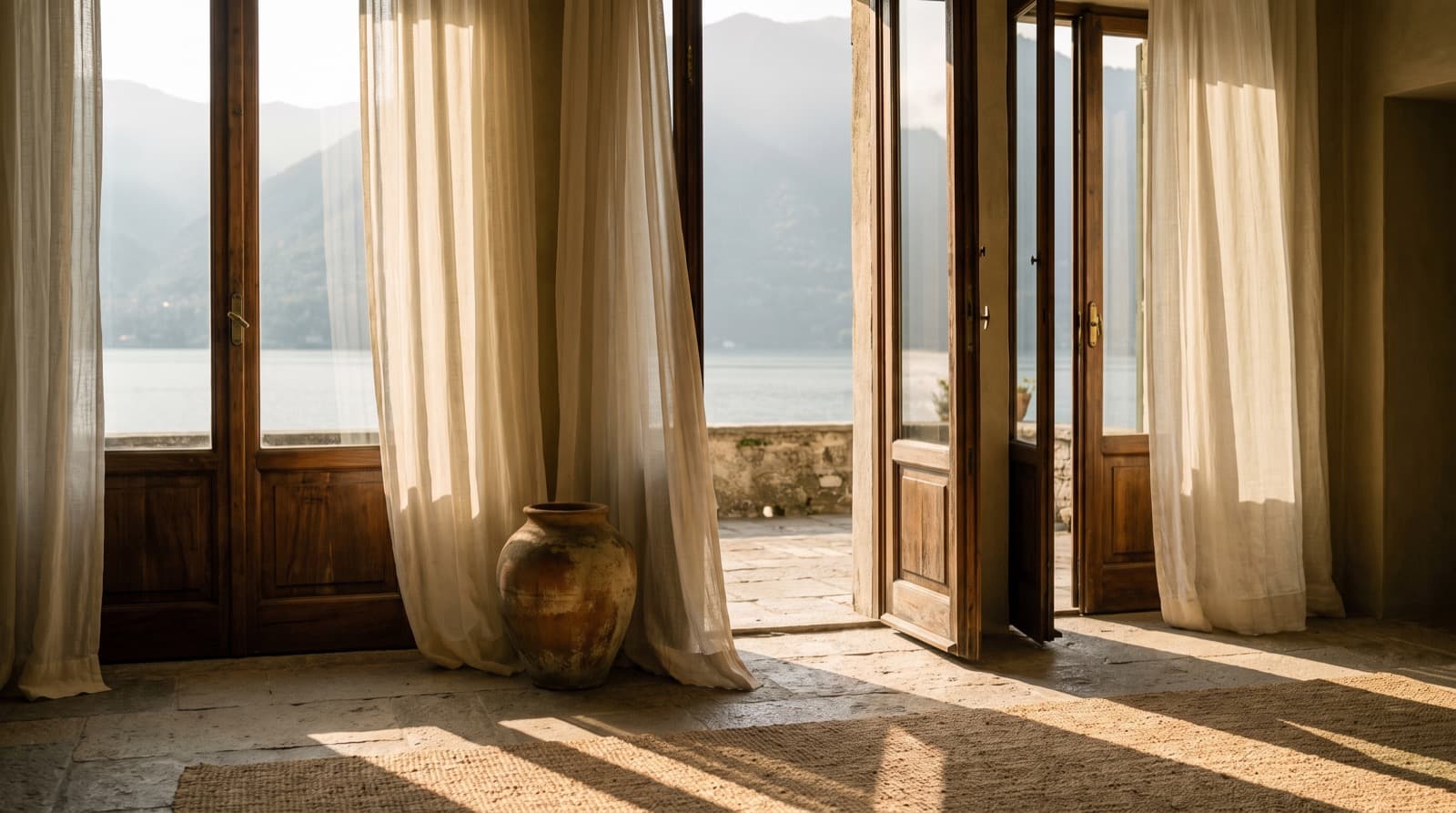 Linen curtains drawn back from open doors onto a stone terrace above a lake, a terracotta urn on the flagstones in low sun